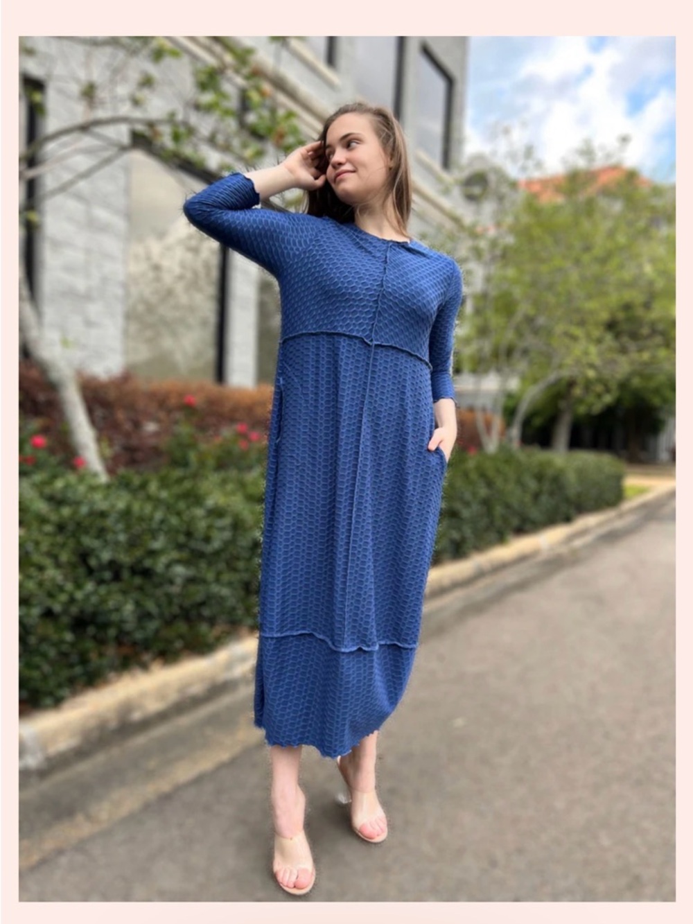 Textured Blue Maxi Dress with Pockets